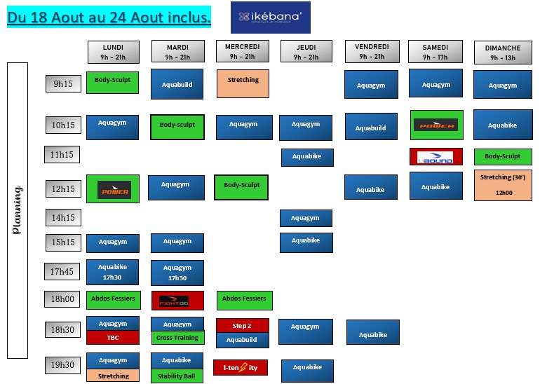 Planning du 18 au 24 août inclus